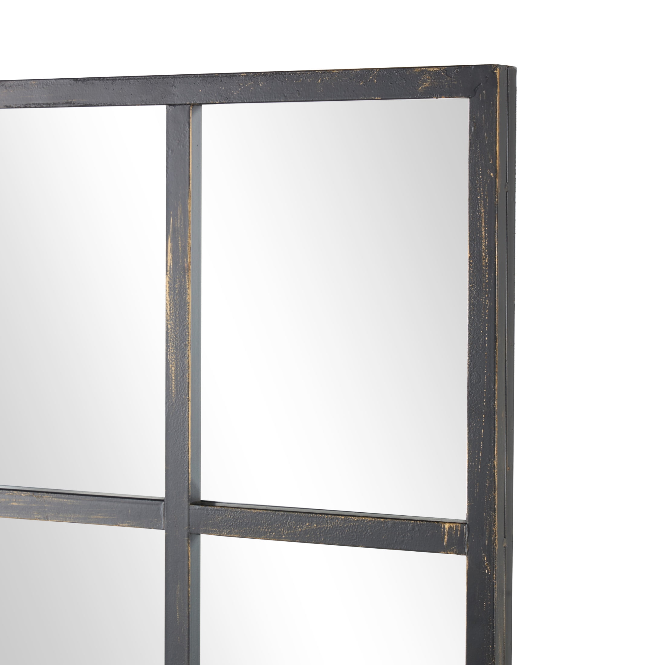 DecMode Contemporary Squre Wood Window Shaped Wall Mirror, 56"W x 44"H with Distressed Brass Colored Frame