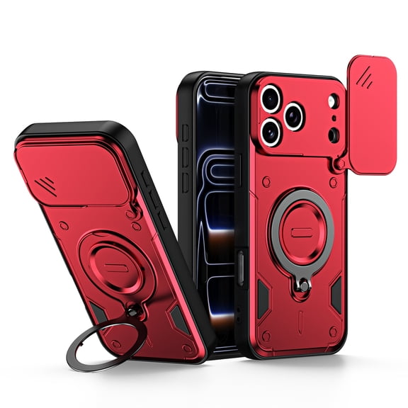 For iPhone 17 Case, Military Grade Heavy Duty Shockproof Cover with Slide Camera Lens Protection 360° Rotatable Ring Magnetic Kickstand, Rugged PC & TPU Dual Layer Bumper,Red