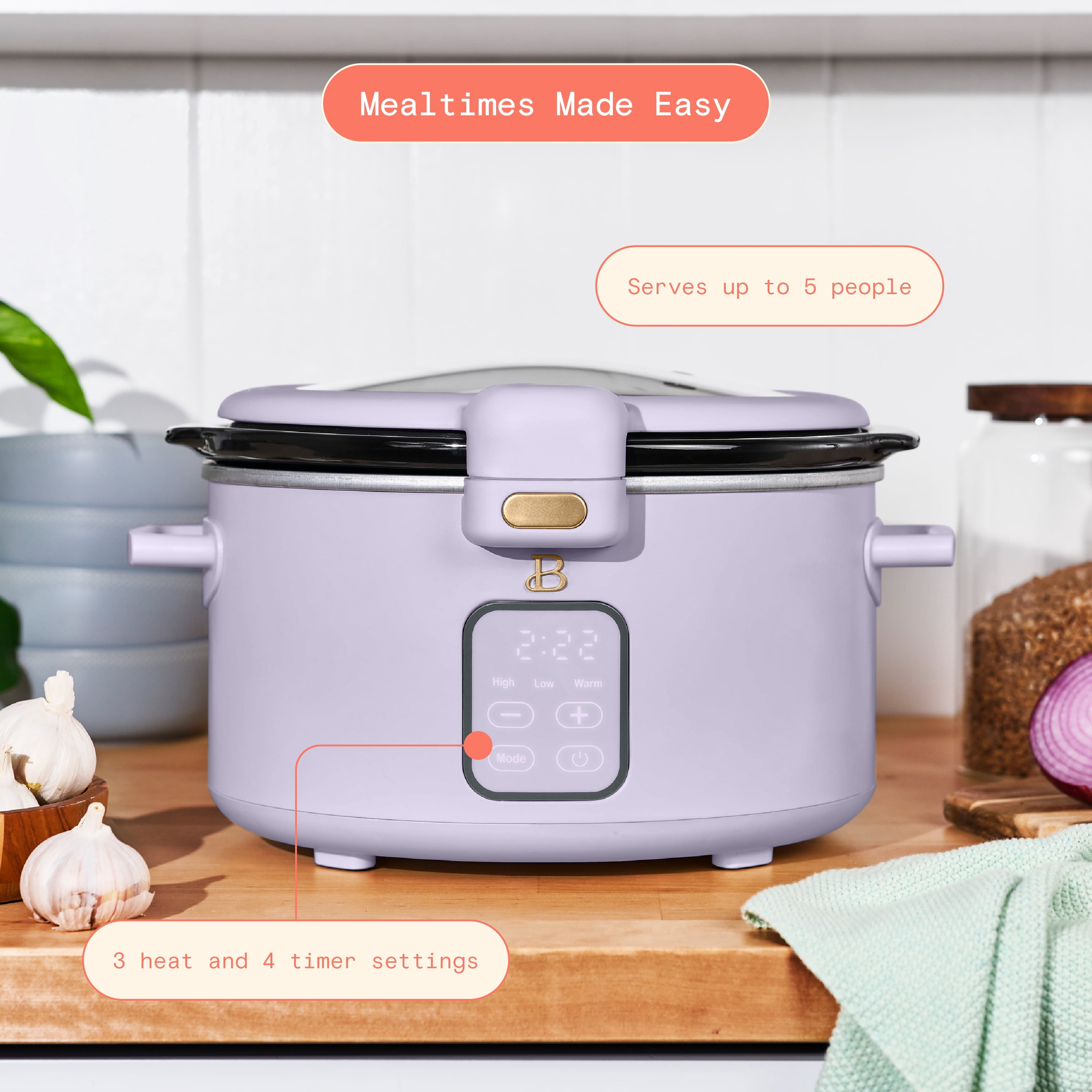 Beautiful 4 Qt Digital Slow Cooker with Hinged Locking Lid, Lavender by Drew Barrymore