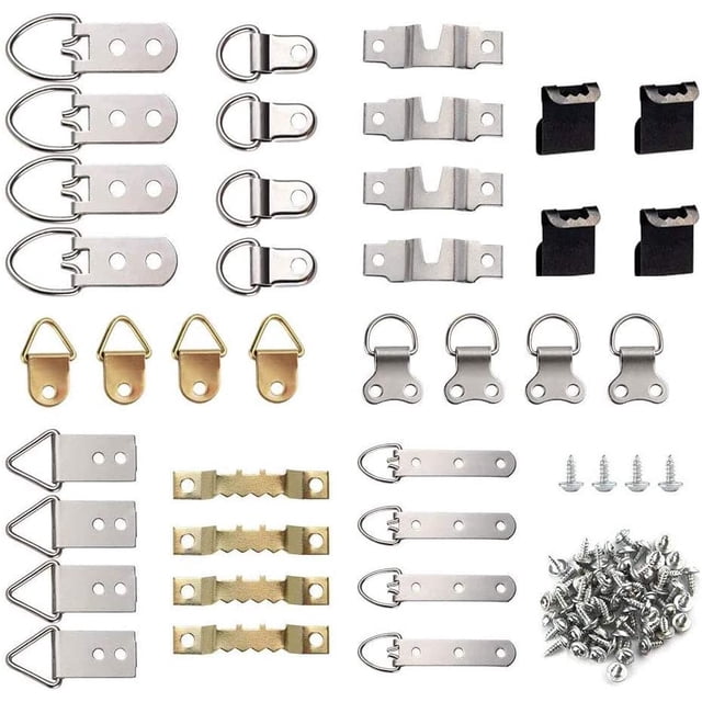 kit de ganchos para colgar cuadros de 96 piezas, 9 modelos de servicio pesado: vista cenital con ganchos organizados en filas en acabado oro, plata y negro; incluye 9 diseños (anillas en D, ganchos triangulares, ganchos dentados y en S), 60 tornillos pequeños y caja de plástico reutilizable, pensado para colgar marcos, postales y obras de arte en hogar u oficina; también suele usarse para proyectos pequeños de manualidades.