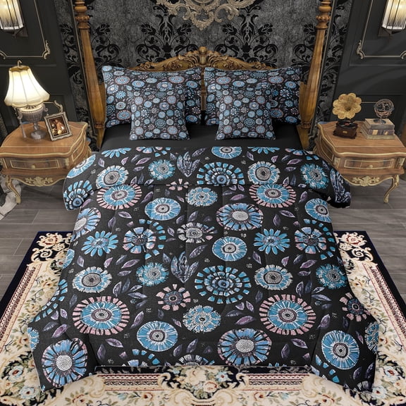 Homewish Western Tribal Floral Twin Bedding Sets 7-Piece, Black Blue Hippie Plant Bedding Comforter Set, Retro Boho Abstract Reversible Sheet Sets, Lightweight Room Decor