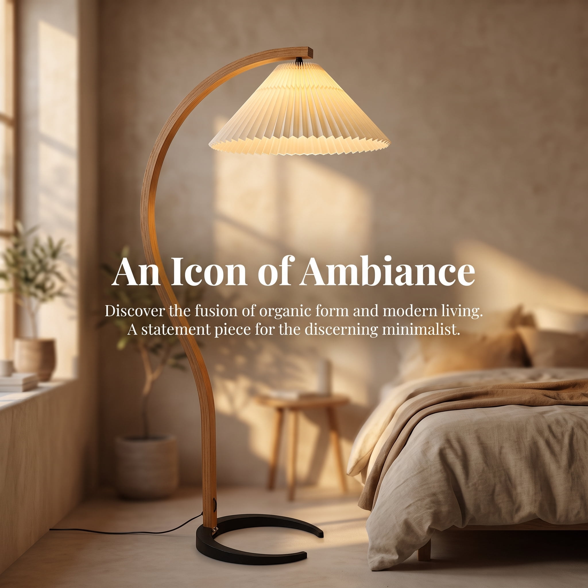 AISWORD Mid Century Curved Arc Floor Lamp with Pleated Fabric Shade, Solid Bentwood S-Shape Standing Reading Light with Heavy Base, Beige