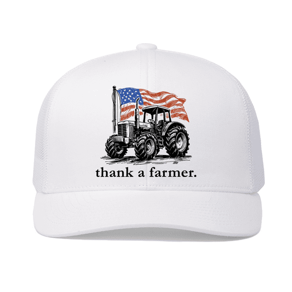 Trenz Shirt Company Men's Embroidered Mesh Back Trucker Hat - Thank A Farmer, American Flag & Tractor Design, White/White