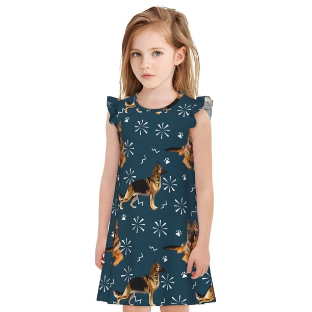 Fotbe German Shepherd Dog Vestido de Dormir para Niñas de 3 a 10 Años, Mangas Cortas, Estilo Princesa, Pijama Camisón con Mangas Voladas-Medium