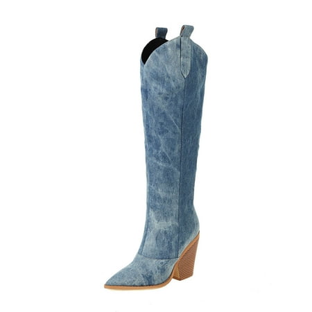 

Rdeuod Tall Boots For Women Plus Size Pointed Toe Denim High-Heeled Women S High-Top Knee-Length Shoes