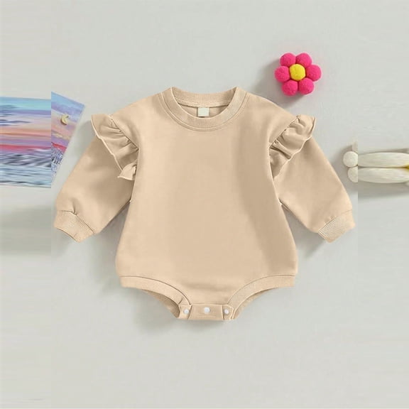 Zehjuhan Newborn Infant Baby Solid Color Outfits Ruffle Long Sleeve Bubble Romper For Fall Winter Clothes Apricot,0-3M
