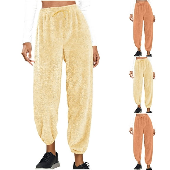 Feancey Fleece Pajama Pants Women Plus Size Jogger Sweatpants Winter Fuzzy Warm Pj Bottoms Drawstring Casual Plush Lounge Trousers Orange L