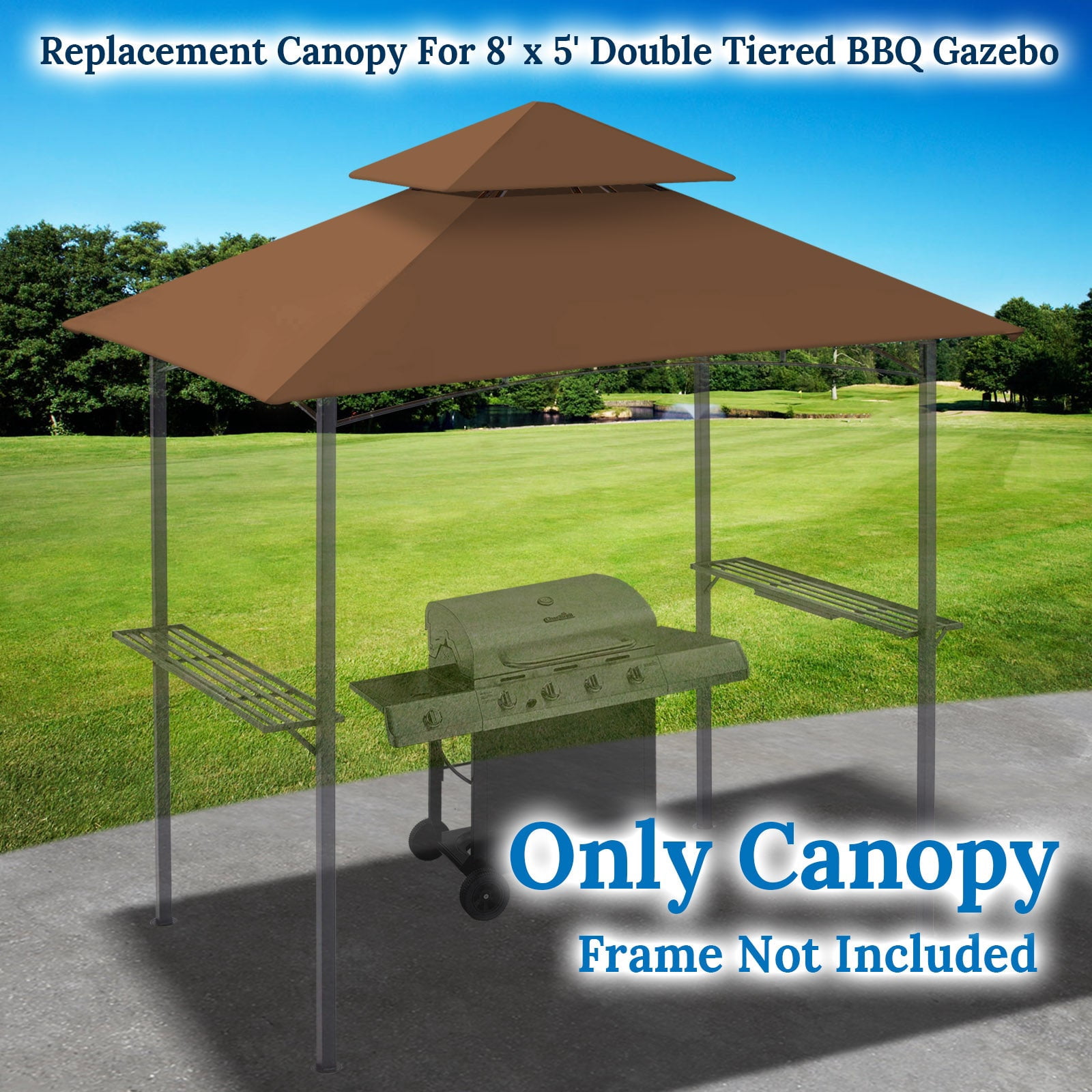 ALUVIERA 8'x5' Outdoor Grill Gazebo Replacement Canopy 2-Tier BBQ Grill Gazebo Roof Patio Pavilion Cover Top Garden Porch Backyard(Brown)