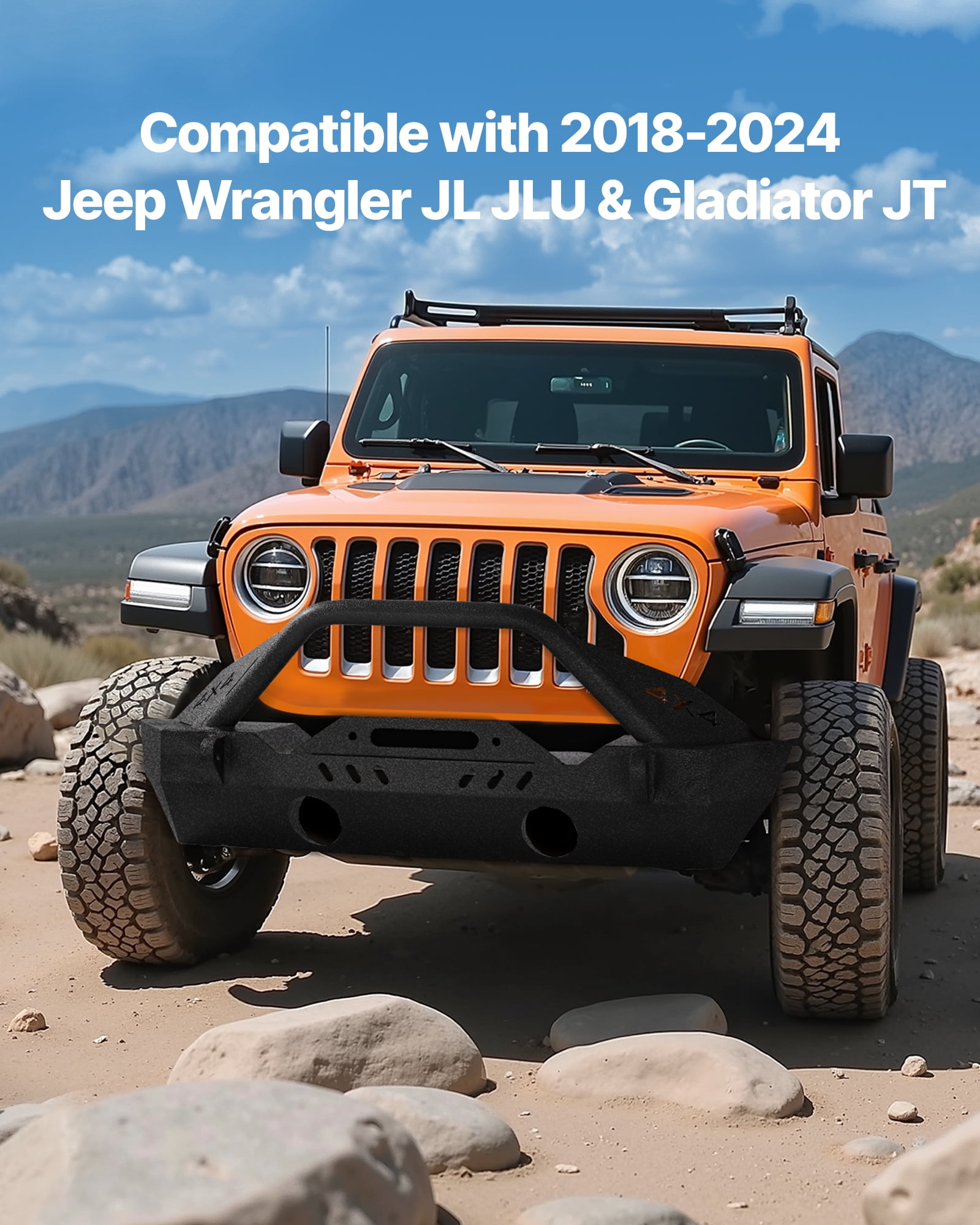 VEVOR Front Bumper Compatible with 2018-2024 Jeep Wrangler JL JLU & Gladiator JT, Heavy-Duty Steel Front Bumper with Winch Plate, D-Ring Mounts & Fog Light Housing