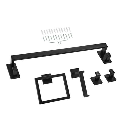 KFFKFF Matte Black Bathroom Hardware Set, 5-Piece Stainless Steel Bathroom Accessories Kit, Includes 24-Inch Towel Bar, Towel Rack, 2 Robe Hooks, and Toilet Paper Holder, Wall-Mounted Design