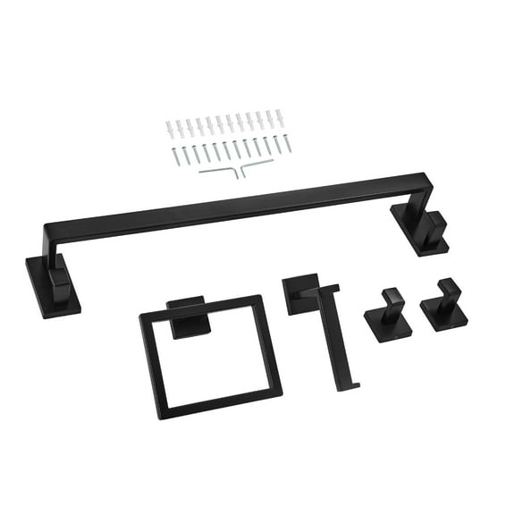 KFFKFF Matte Black Bathroom Hardware Set, 5-Piece Stainless Steel Bathroom Accessories Kit, Includes 24-Inch Towel Bar, Towel Rack, 2 Robe Hooks, and Toilet Paper Holder, Wall-Mounted Design