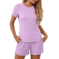 thumbnail image 3 of MOSHU Womens Pajamas Sets Ribbed Knits Tops and Elasticated Waist Shorts with Pocket Ruffle Edge Lounge Sets, 3 of 10