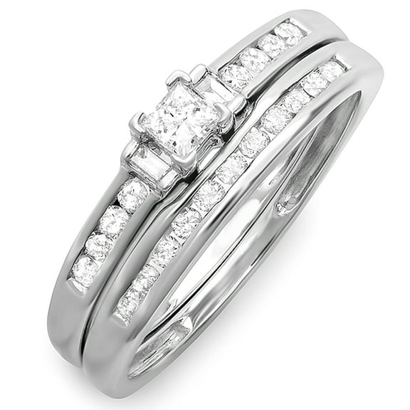 Dazzlingrock Collection 0.50 Carat (ctw) 10K Round Princess & Baguette Diamond Bridal Ring Set 1/2 CT, White Gold, Size 5.5