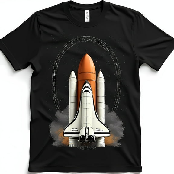 Black T-Shirt with Striking Space Shuttle Graphic & Starry Design
