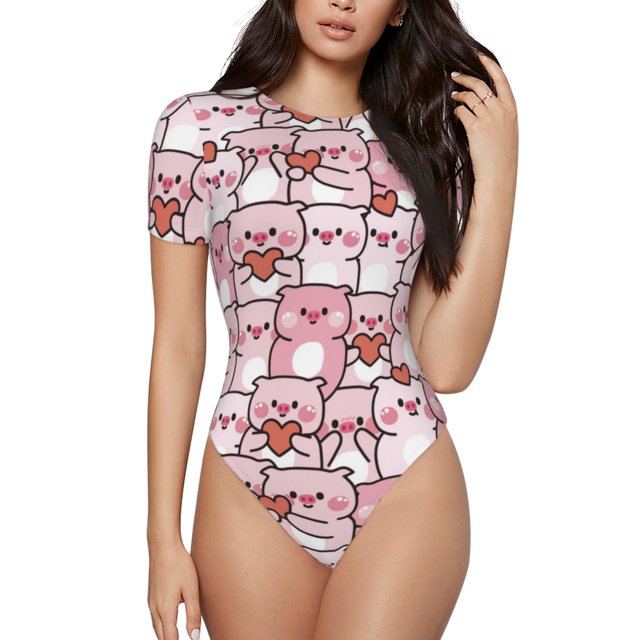 Balery Kawaii Pig Body de cuello redondo de manga corta para mujer Tops de manga corta Tops básicos-Medium