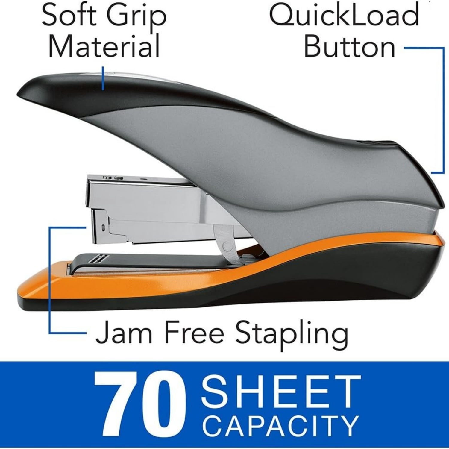 Stapler, 70 Sheet Capacity, Jam Free, Reduced Effort, Soft Grip, Metal, Silver, Black and Orange