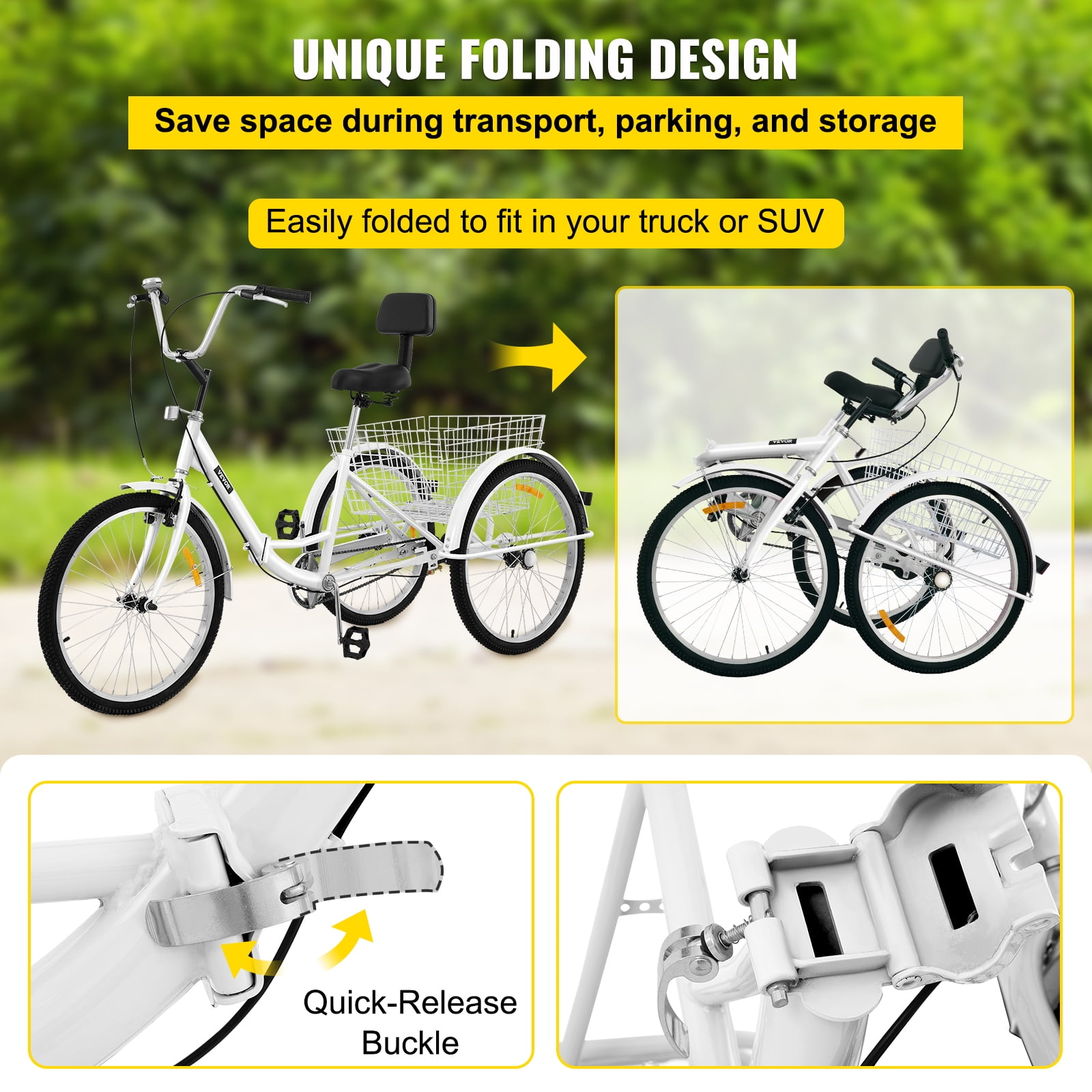 VEVOR Tricycle Adulte Pliable 26 1 Vitesse 3 Roues Velos avec Panier Trois Roues Velo pour Adultes Adulte Tricycle Adulte Pliable Tricycle Adulte 3 Roues Velo Tricycle pour Adultes Blanc Walmart