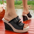 thumbnail image 5 of KIJBLAE Women's Denim Fabric Buckle Wedge Slide Sandals, Thick Sole Fashion Casual Summer Outdoor Beach Lazy Slides Black 38, 5 of 9