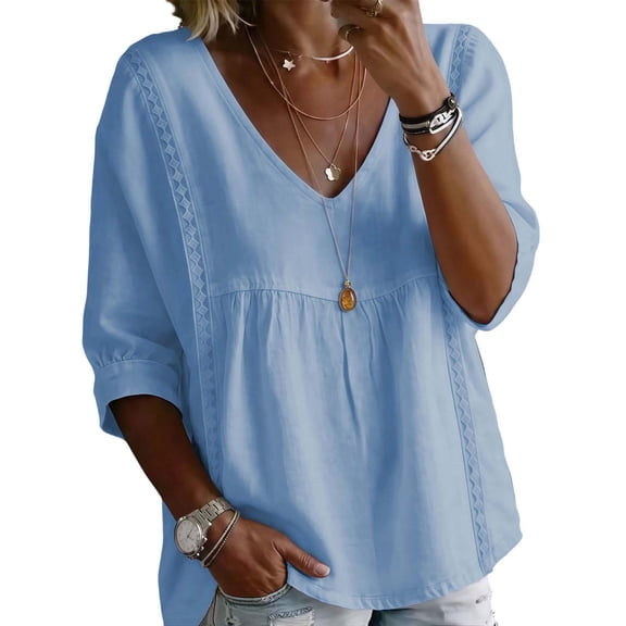 Plus Size Women's V Neck Peplum Lace Blouse 3/4 Sleeve Casual Loose Fit