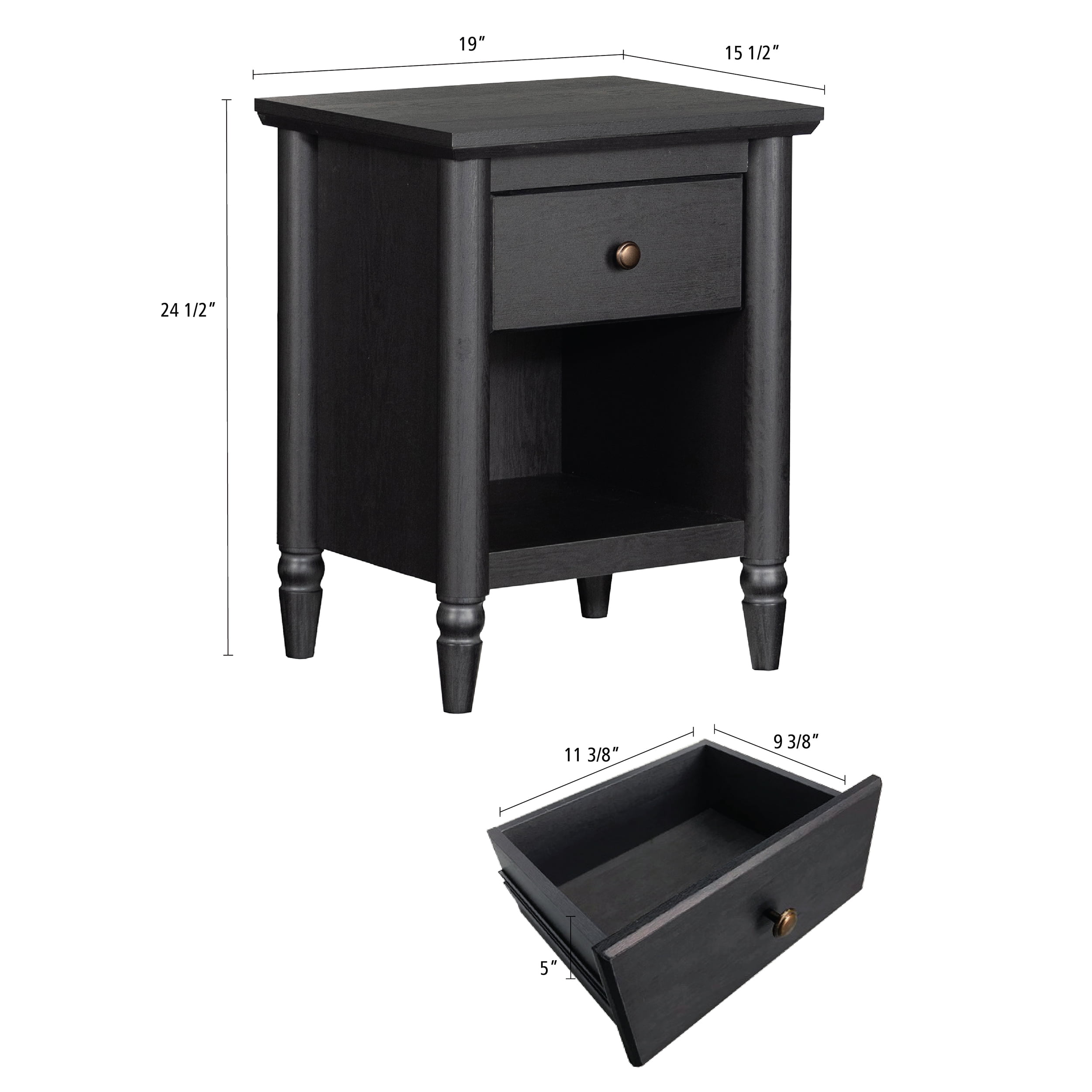 My Texas House Monroe 1 Drawer Nightstand, with USB, Black Oak Finish