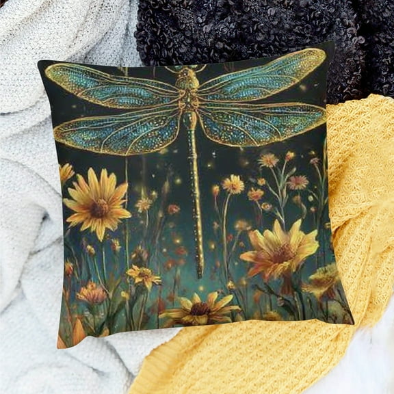 Creowell Farmhouse Decor Dragonfly Flower Field Pillow Covers 100% Linen 18x18in