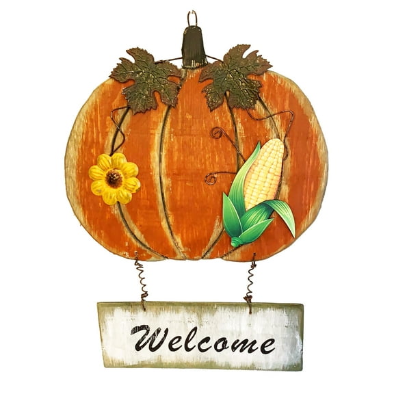 Vintage Hanging Wood Harvest Pumpkin Welcome Sign Autumn Fall Halloween Thanksgiving Hanging Decorative Pumpkin Wall Door Patio Porch Decoration 17‘’H