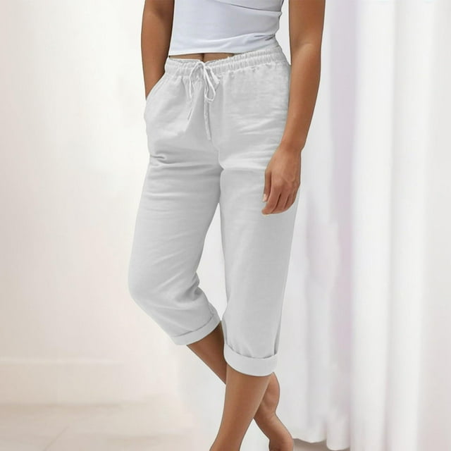 Soki Womens Capri Casual Loose Linen Elastic Wasit Cotton Linen Pants Trousers