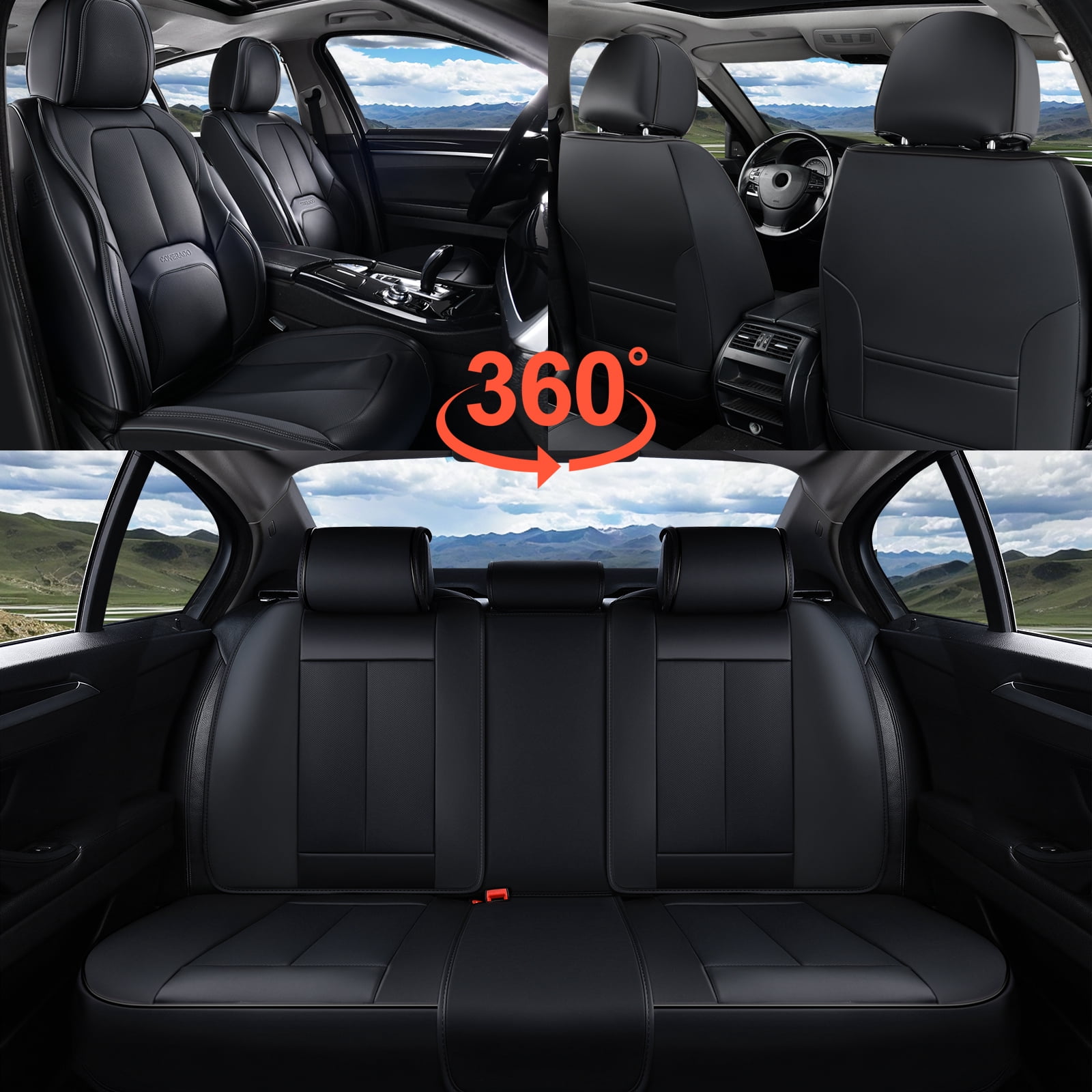 Coverado Car Seat Covers Full Set, Premium Leather Seat Protectors with Lumbar Support, Waterproof Auto Cushions Universal Fit for Most Cars, Black