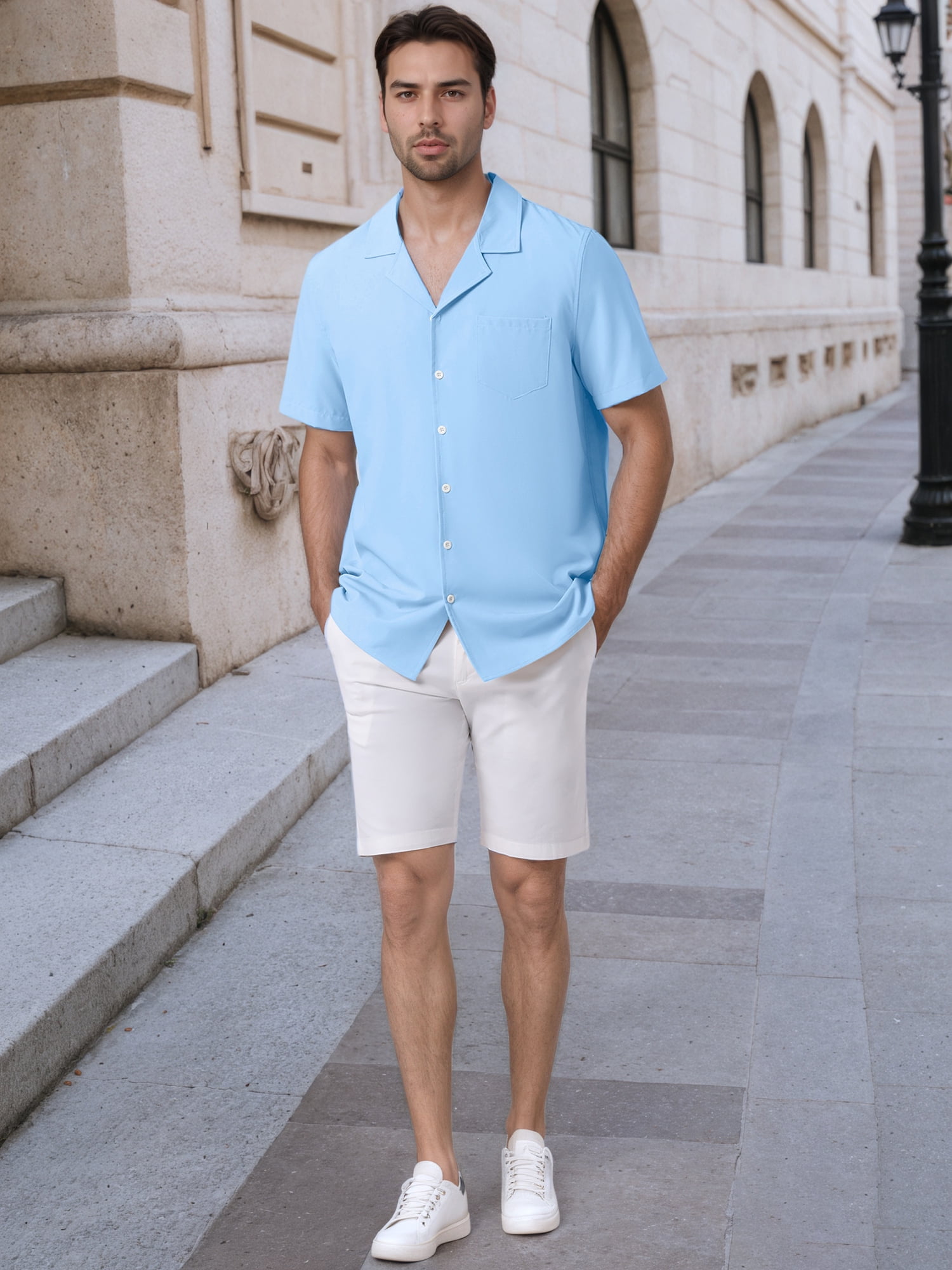 DARING DIVA Men's Linen Camp Collar Short Sleeve Button Down Beach Shirts XL Blue