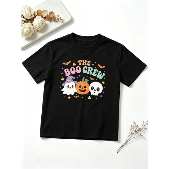 Girls Graphic Tees The Boo Crew Cute Ghosts and Pumpkin Halloween Short Sleeve Kids T-Shirt, 100% Cotton Soft Casual Tops for Children