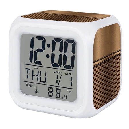 Brown Metal Hole Digital Alarm Clock for Bedrooms, Smart LED Alarm Clock with 7 Color Changing Night Light, Modern Copper Net Eye Hole Pattern Silent Wake Up Clocks for Sleep Study Cooking 3.2x3.2