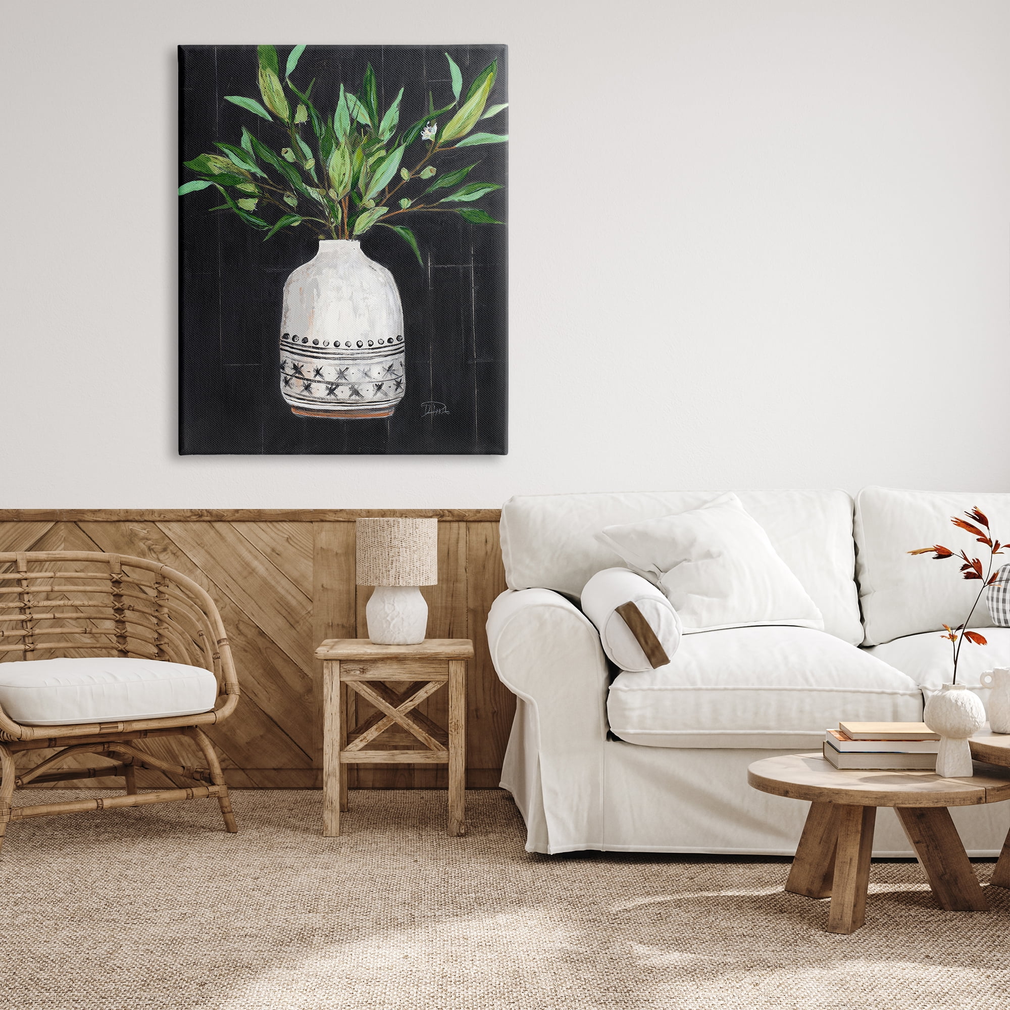 Stupell Industries Tall Botanical Leaves Arrangement Patterned Pottery Vase Painting Gallery Wrapped Canvas Print Wall Art, Design by Patricia Pinto