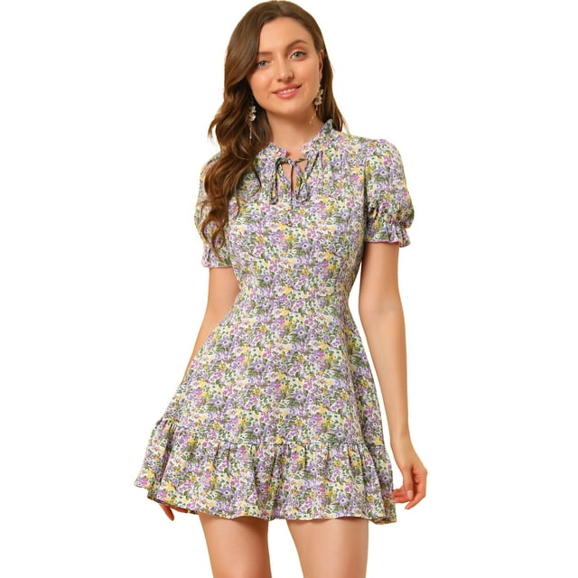 INSPIRE CHIC Women's Ruffle Floral Bow Tie Chiffon Puff Short Sleeve Summer Dress