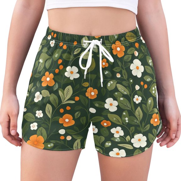FORMRS Womens Swim Shorts Mesh Liner Quick Dry Casual Beach Board Bottom with Pockets, Sizes S-2XL, Green Flowers Pattern