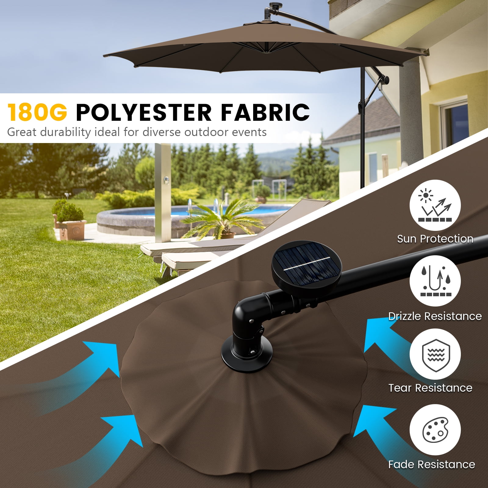 Topbuy 10FT Solar Offset Umbrella Tilted Cantilever Umbrella with 112 LED Lights Lighted Patio Sun Shade with Crank Handle Coffee