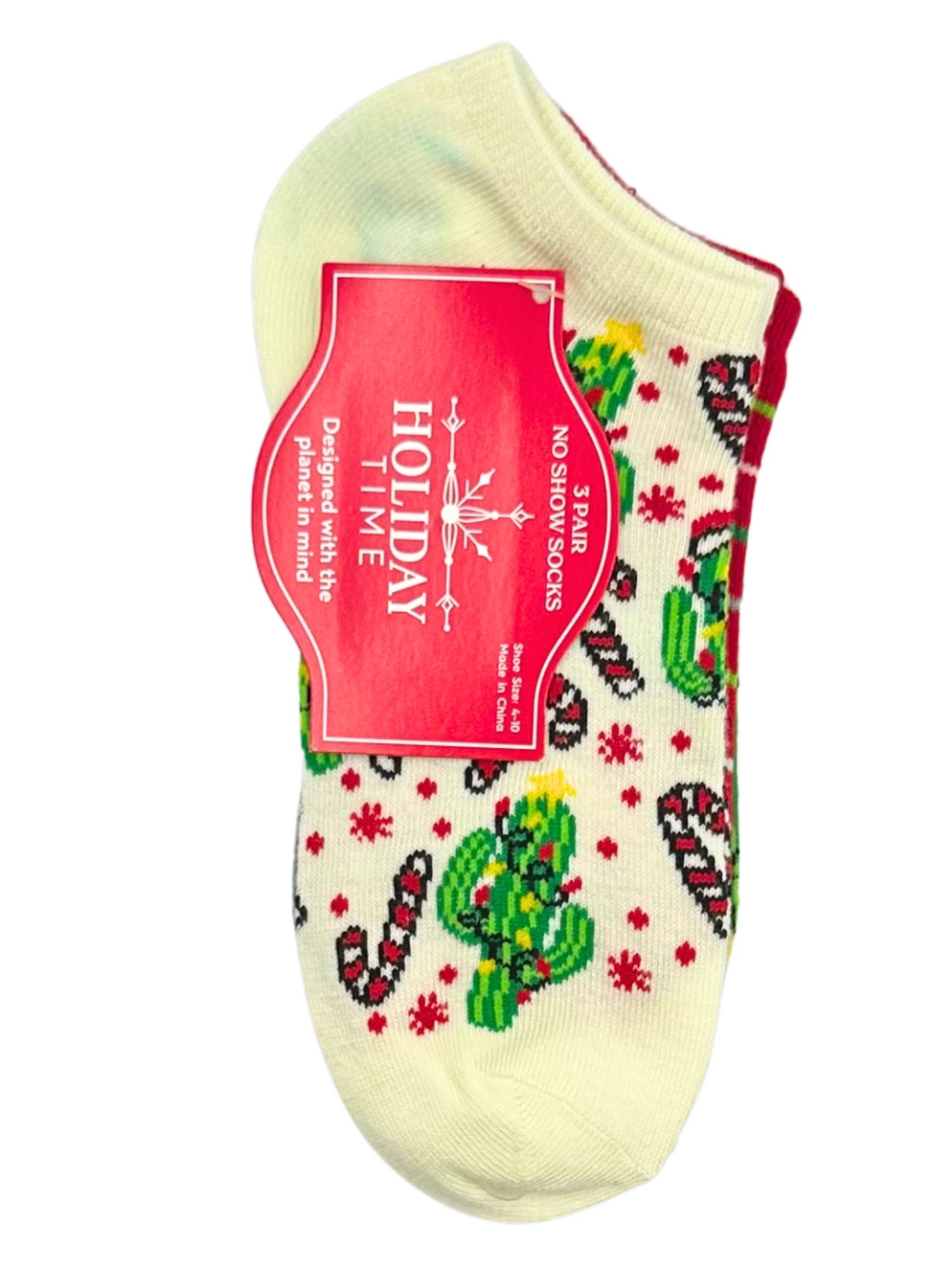 Holiday Time Women's Candy Cane Cactus No-Show Socks, 3-Pack, Size 4-10