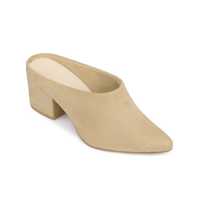 BLISSFUL STEP Women's Block Heels Pointed Toe Slip on Slide Mules Beige 7