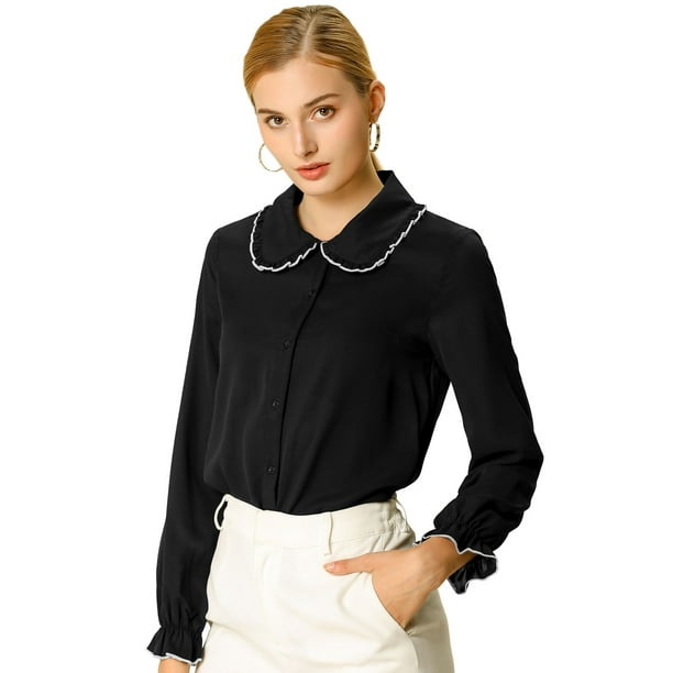 Blusa De Manga Larga Con Cuello Peter Pan Y Volantes Para Mujer Negro M