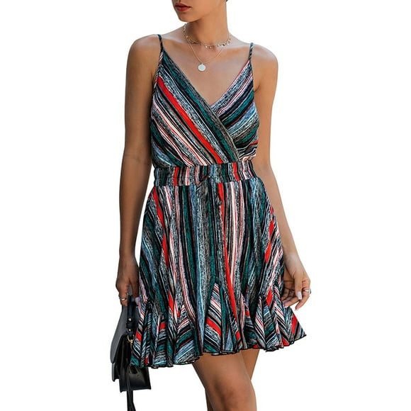 DYMADE Women's Boho Fashion V-neck Sleeveless Summer Dress Spaghetti Strap Mini Dresses