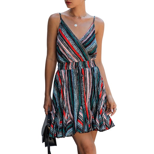 DYMADE Femmes Boho Mode V-Cou Sans Manches Robe Spaghetti Sangle Mini Robes