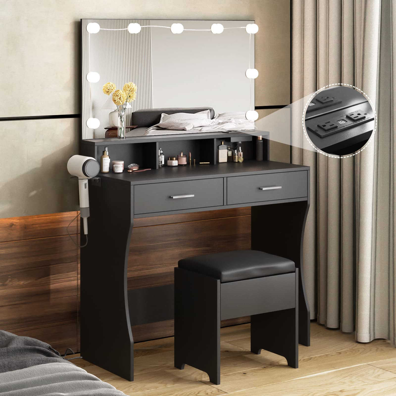 Veanerwood 31.5in Makeup Vanity Table with Lighted Mirror & Power Strip 