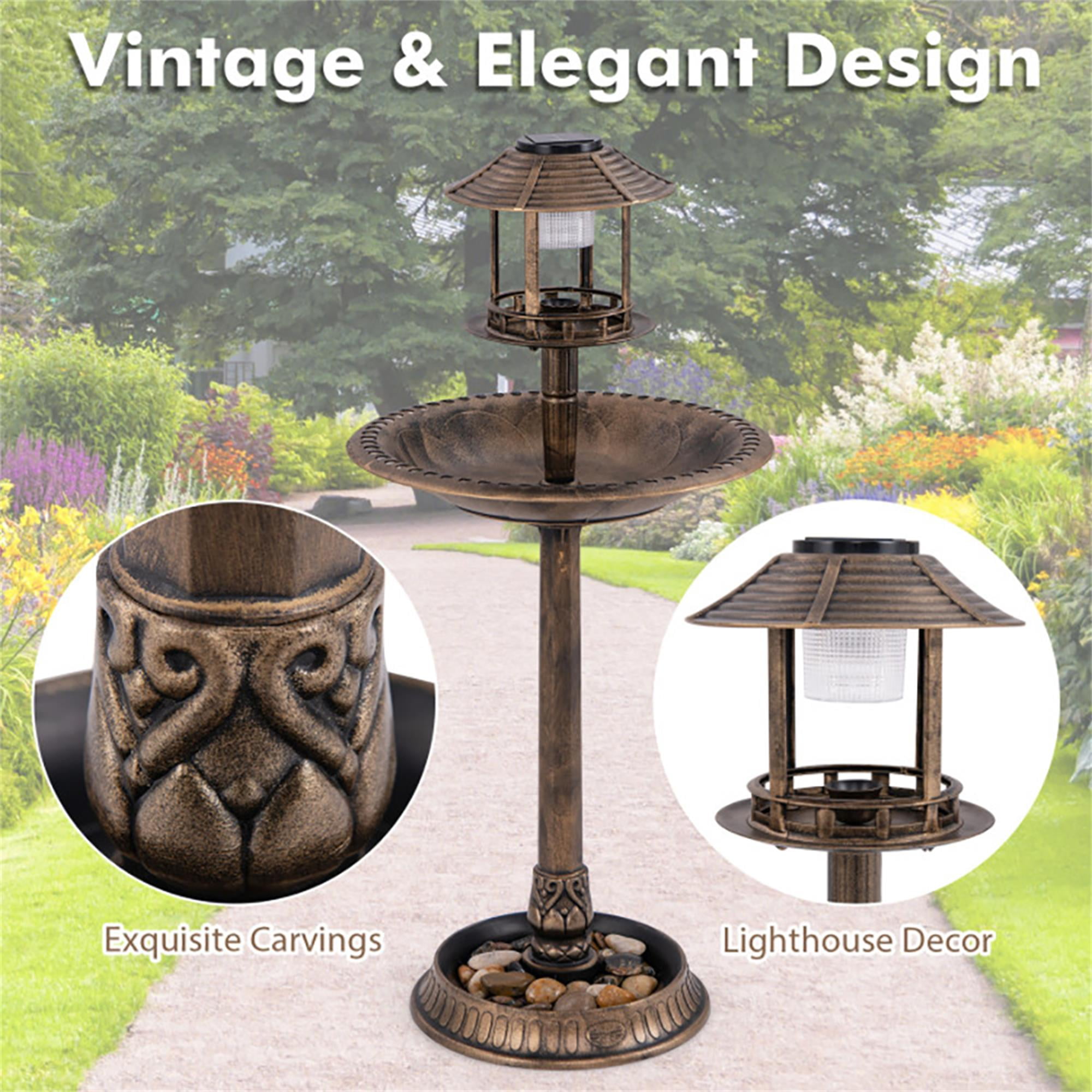 Pefilos 42" Outdoor Pedestal Garden Bird Bath with Solar Light, Bird Feeder and Flower Planter, Bronze Brown