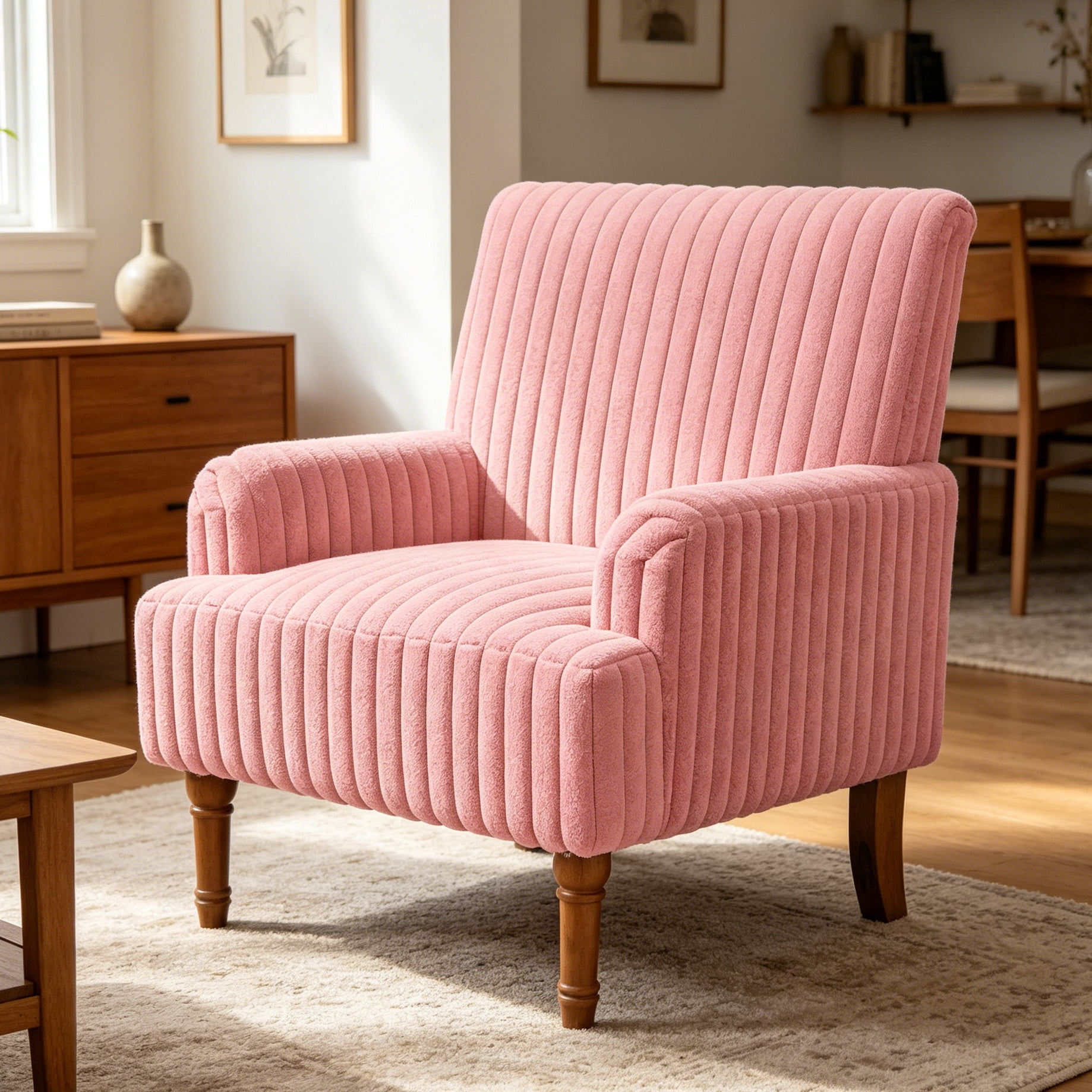 Aukfa Mid Century Corduroy Accent Chair, Wide Wale Upholstered Armchair with 9" Wood Legs for Living Room Bedroom,Pink