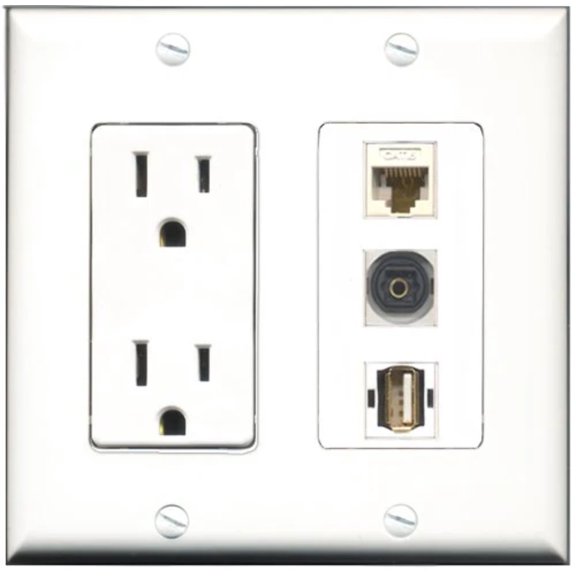 RiteAV - 15 Amp Power Outlet 1 Port USB A-A 1 Port Toslink 1 Port Cat6 Ethernet Ethernet White Decorative Wall Plate