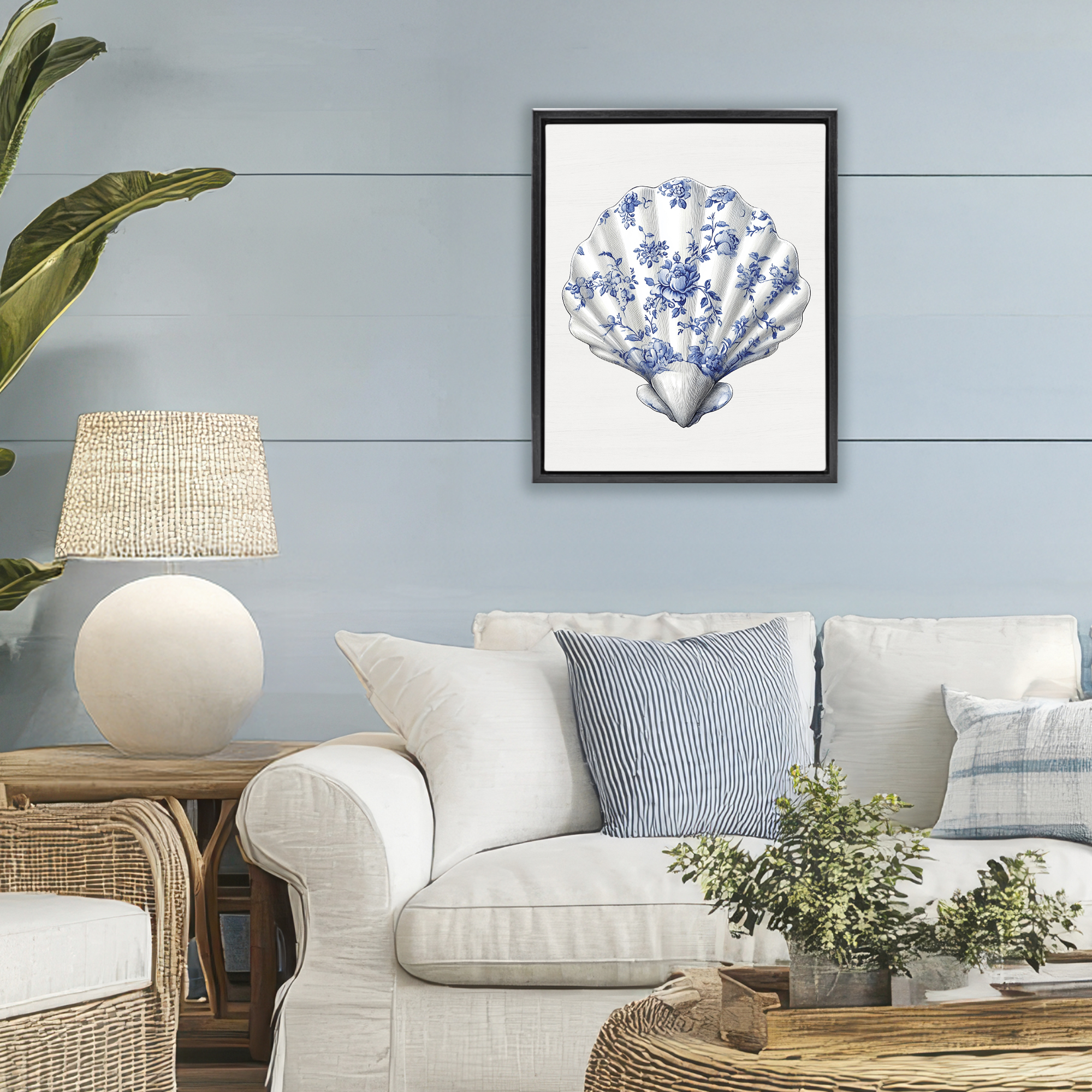 Funky Toile Seashell Black Framed Floater Canvas Wall Art, design by Lettered and Lined