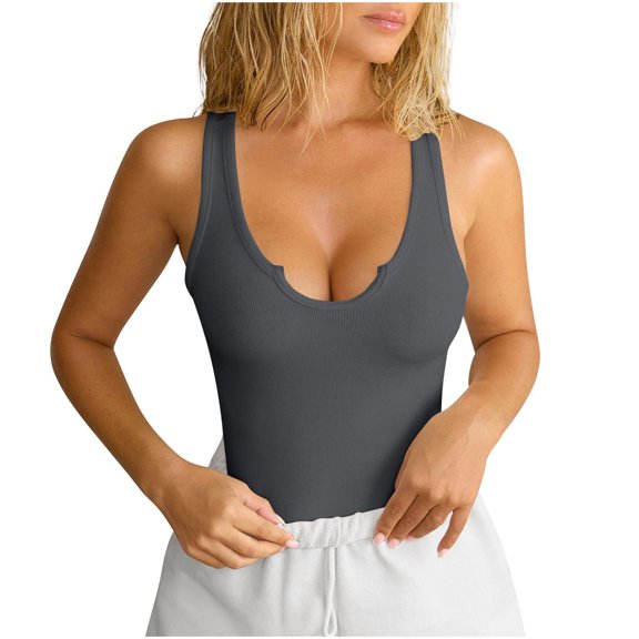 ZQUUVOU Women's Ribbed Slim Tank Tops Deep V Neck Casual Sleeveless Solid Color Top Fitted Soft Basic Layering Cami Shirts Dark Gray