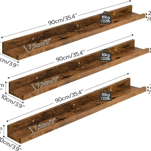 Floating Shelves, Wall Shelf Set of 3, 35.4 Inches Hanging Shelf with Raised Edge and Invisible Brackets, for Bathroom, Bedroom, Kitchen, Office, Living Room Decor, Rustic Brown