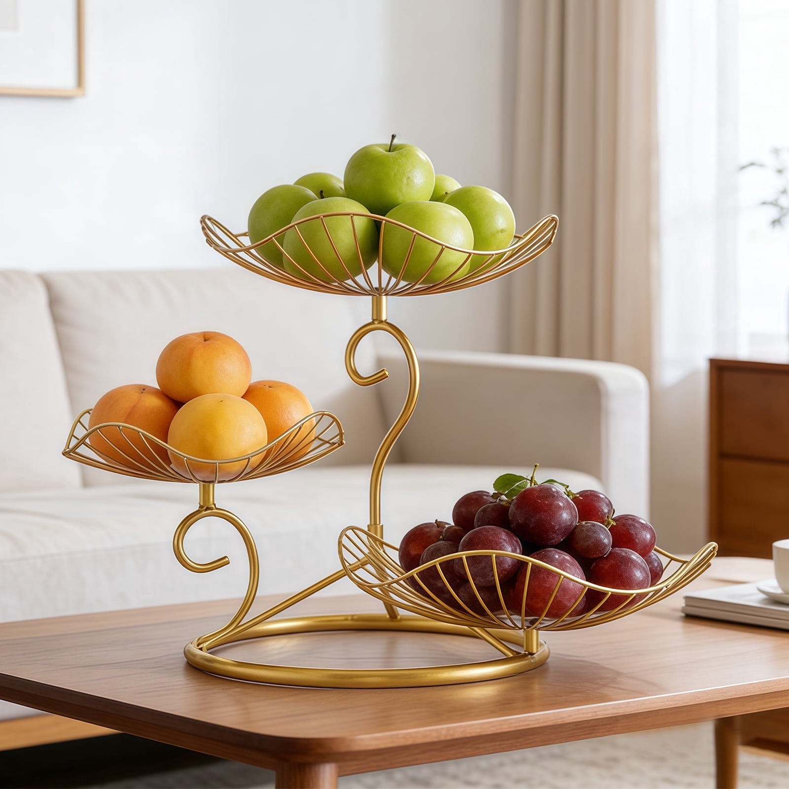 3-Tier Fruit Basket,Detachable Metal Fruit Vegetable Organizer Stand  for Kitchen Counter, Bread, Snacks, Utensils, Gold
