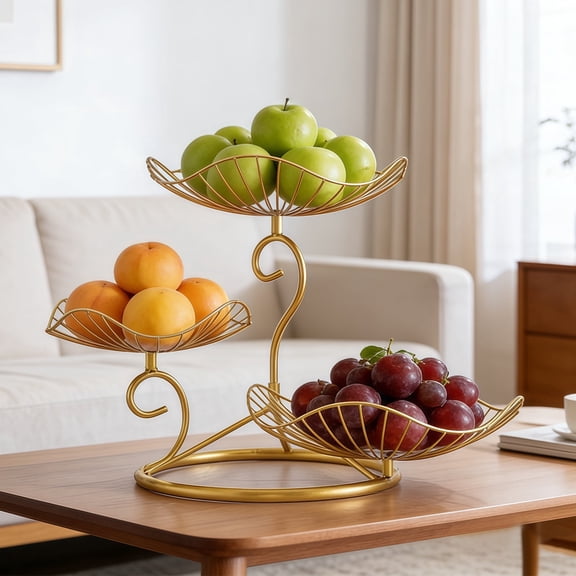 3-Tier Fruit Basket,Detachable Metal Fruit Vegetable Organizer Stand for Kitchen Counter, Bread, Snacks, Utensils, Gold