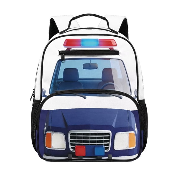 Garronmavis Police Car 13.5 Inch Lightweight Preschool Backpack for 3-5 Years Old, Adjustable Shoulder Straps and Side Pockets, Large Capacity Backpack for Boys Girls Kindergarten